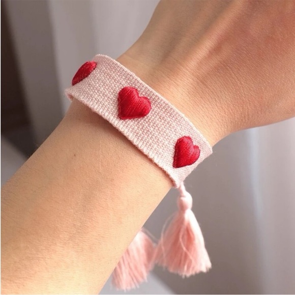 Pink with Hearts Boho Woven Tassel Bracelet - Picture 3 of 6